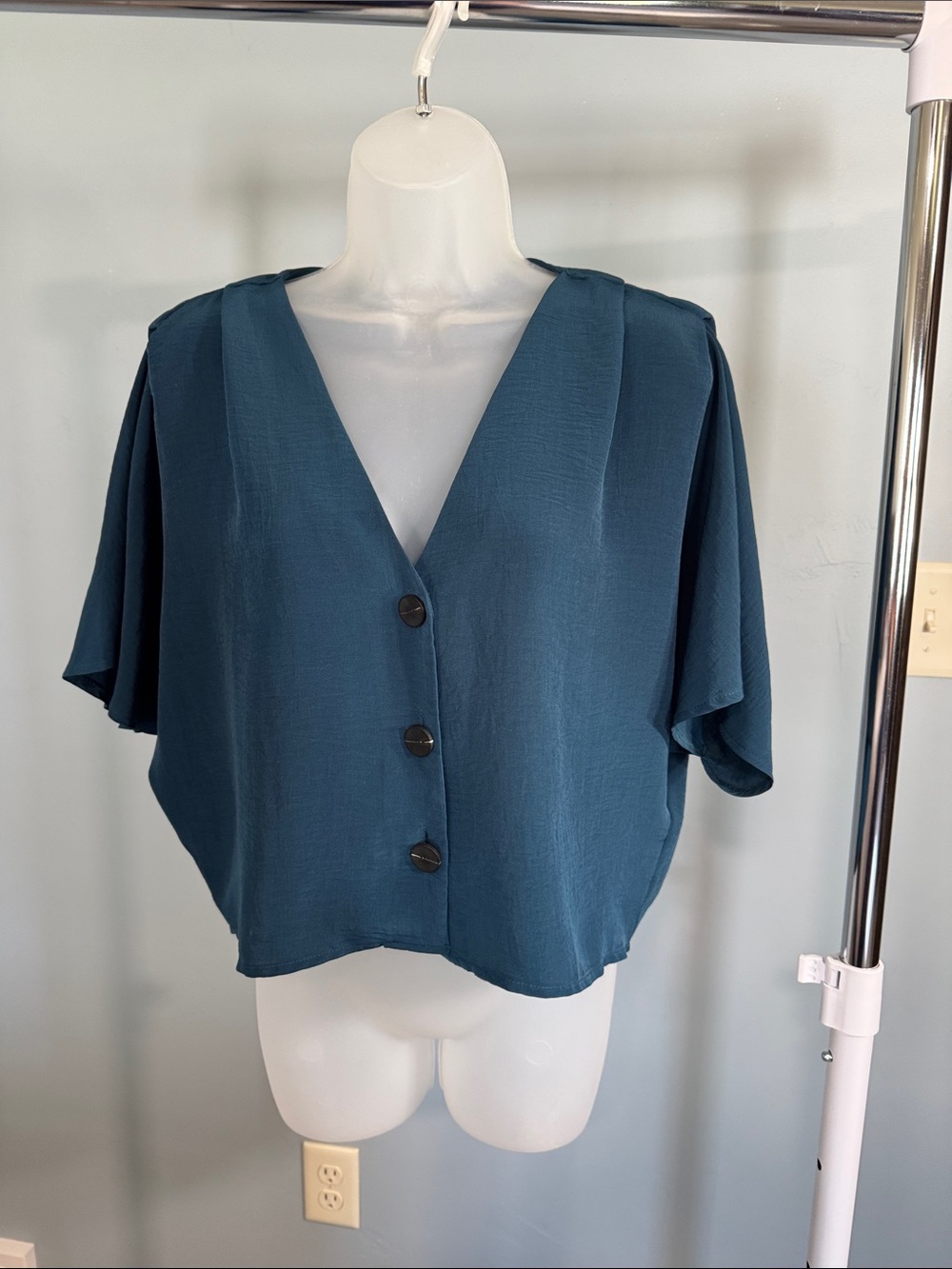 Topshop Teal V-Neck Button Front Blouse